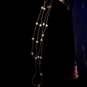 Gold chain with white pearl necklace (long)